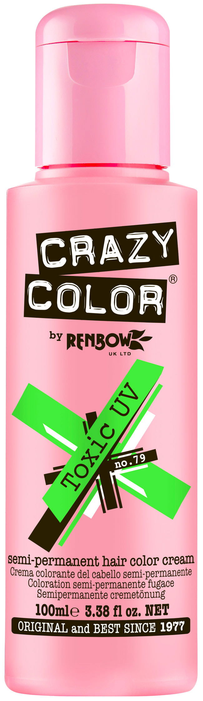 Crazy Color Neon Toxic UV hair color cream, green bottle with green star label
