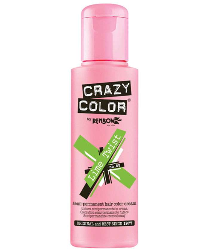Semi-permanent hair color cream bottle, pink with green Lime Twist label