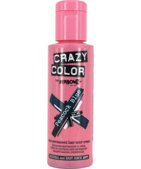 Crazy Color permanent hair dye bottle, pink with Crazy Color label and Peacock Blue text