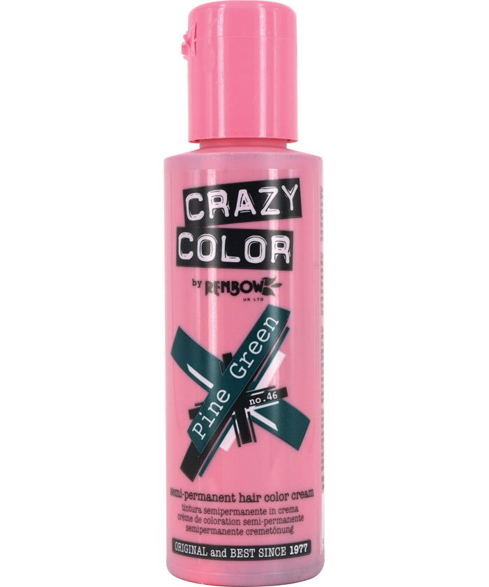 Crazy Color Pine Green permanent hair dye bottle, 100 ml, pink cap