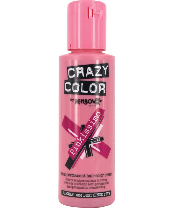 Pink permanent hair color bottle with Crazy Color label and pinkissimo shade