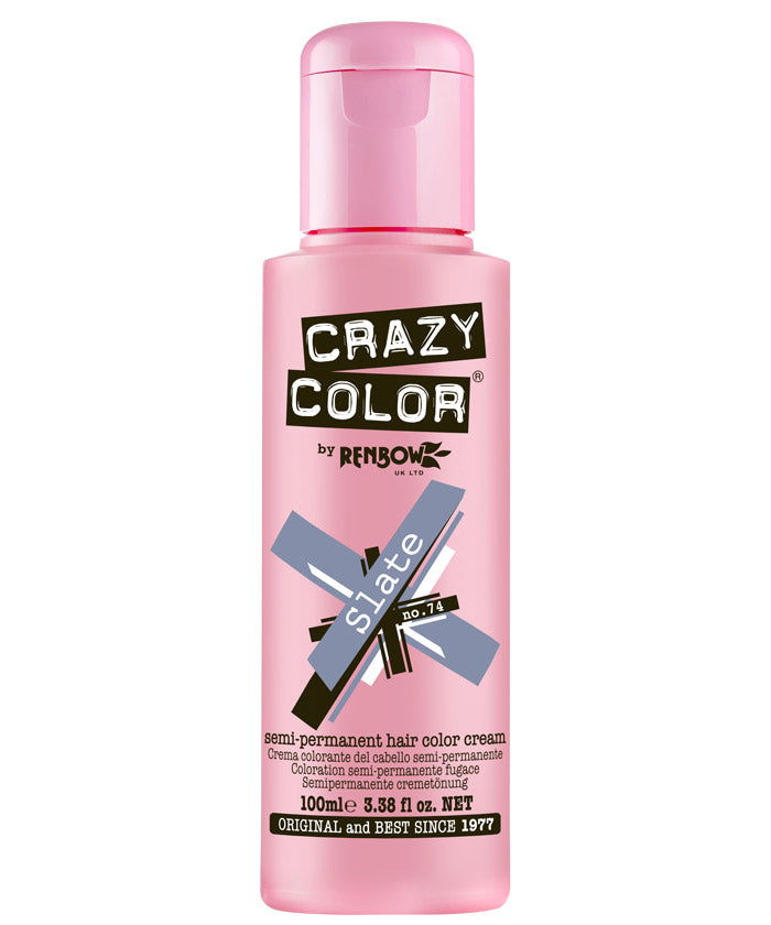 Hair color cream bottle, Crazy Color Slate 100ml, pink bottle with label.