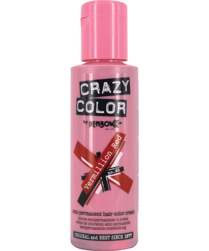 Permanent hair color bottle, Vermillion Red 100 ml, pink-red liquid, flip-top cap