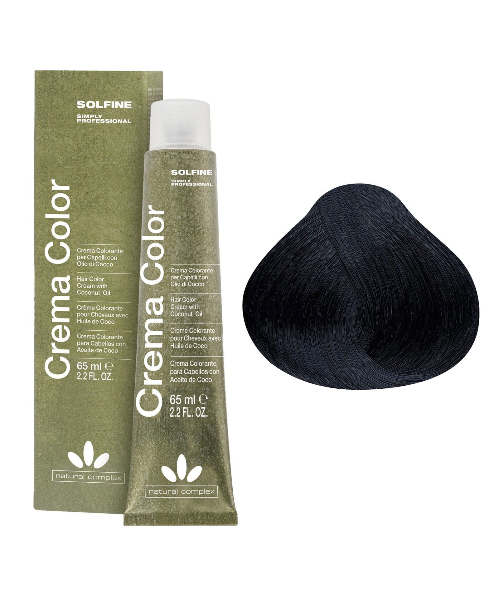 Hair color cream tube and box, dark black shade, 65 ml
