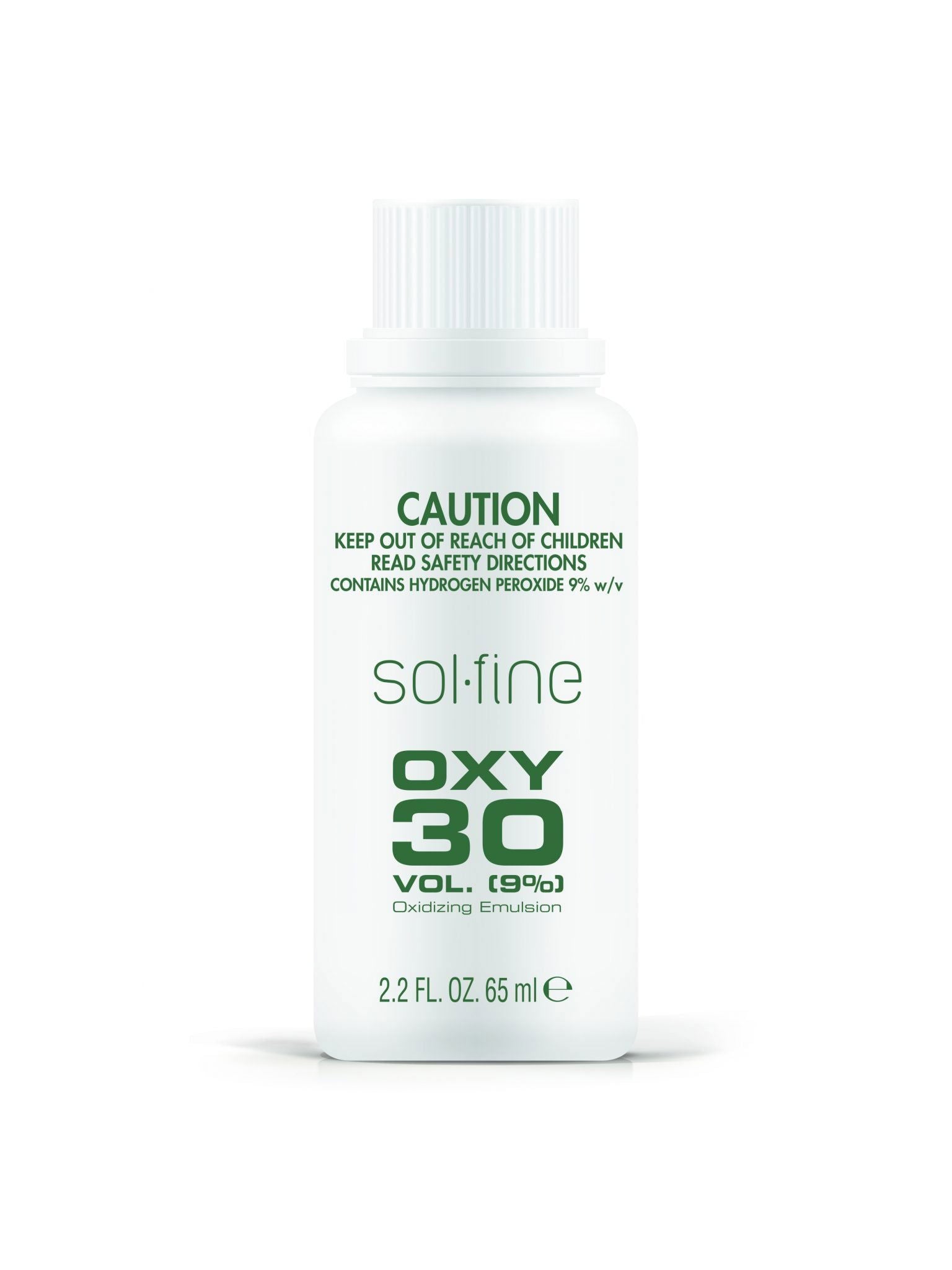 Solfine OXY 30 developer bottle, white cap, caution label, 65 ml