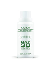 Solfine OXY 30 developer bottle, white cap, caution label, 65 ml