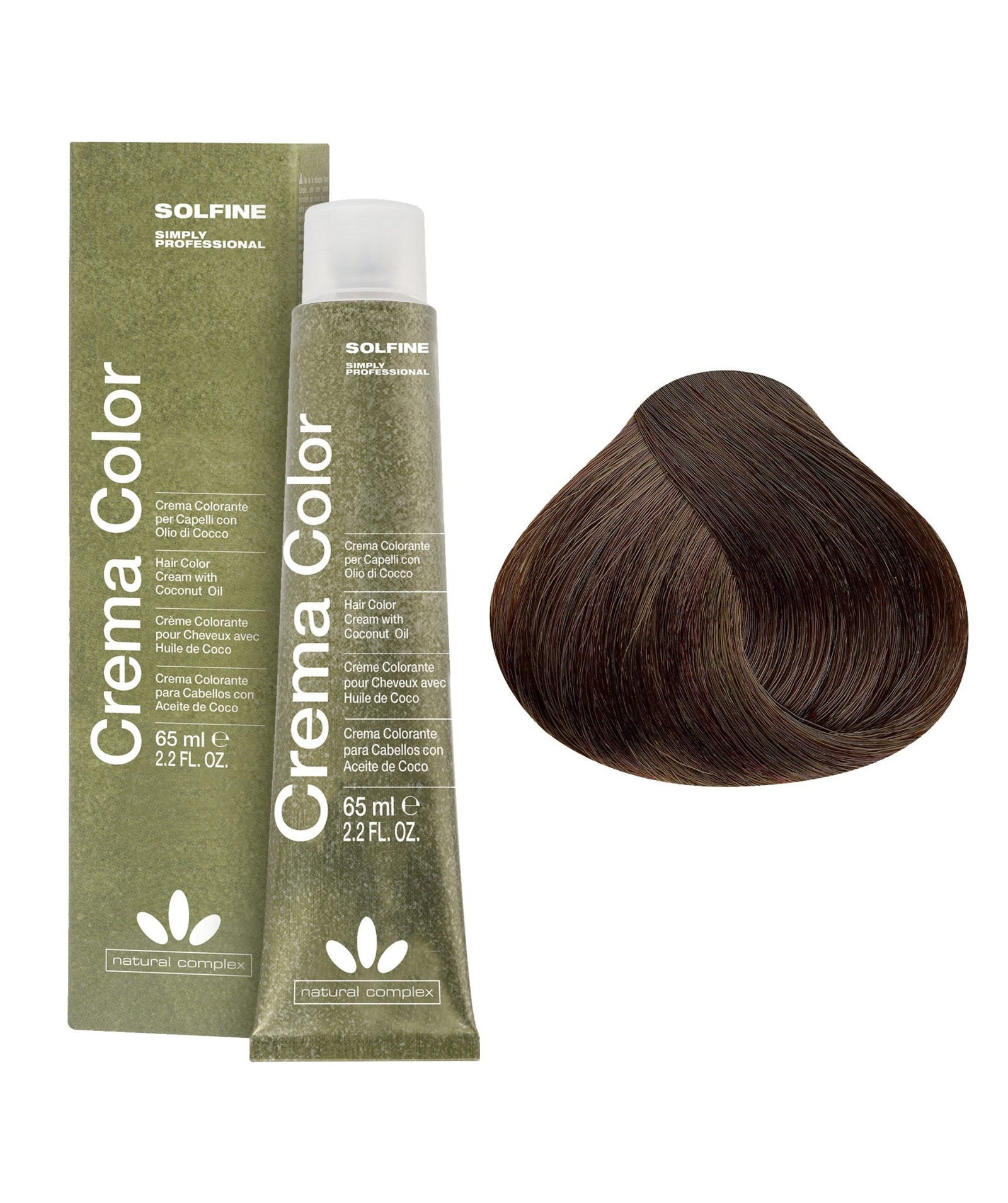 Hair color cream tube and box, 65 ml, light chestnut brown shade, SOLFINE.