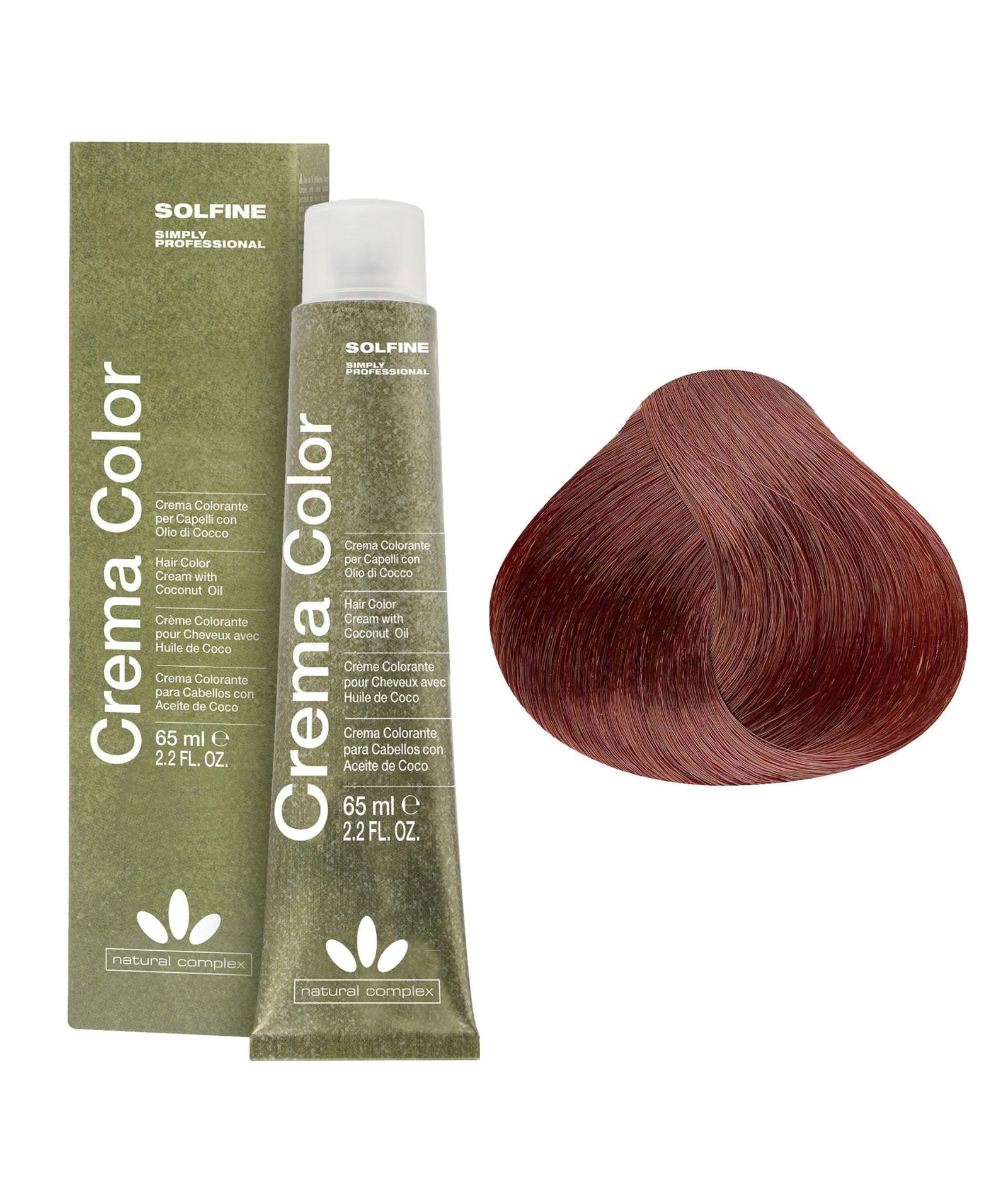 Solfine hair color cream tube and box with dark blonde golden copper shade swatch