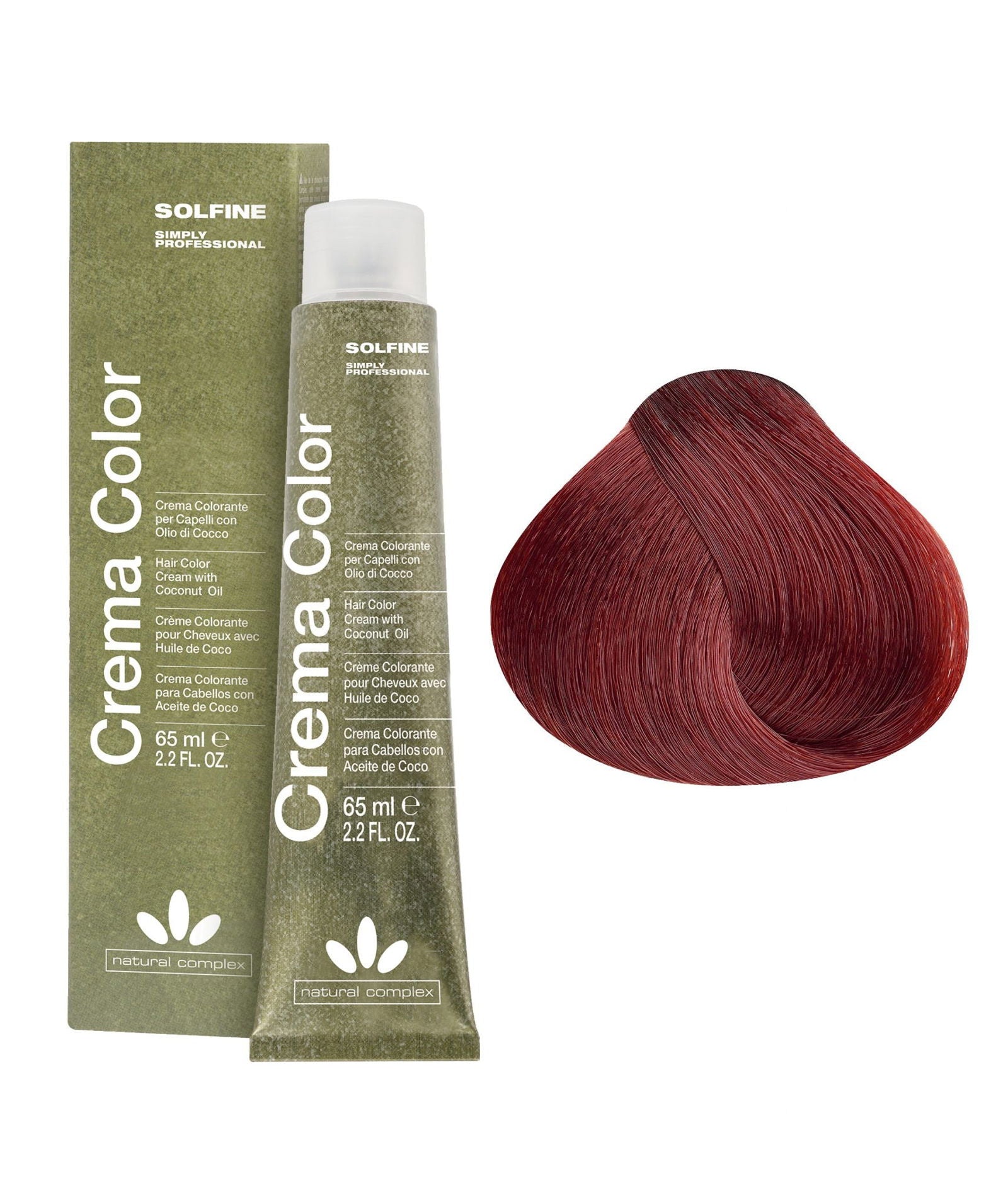 Hair color cream tube and box with deep red hair color swatch, 65 ml