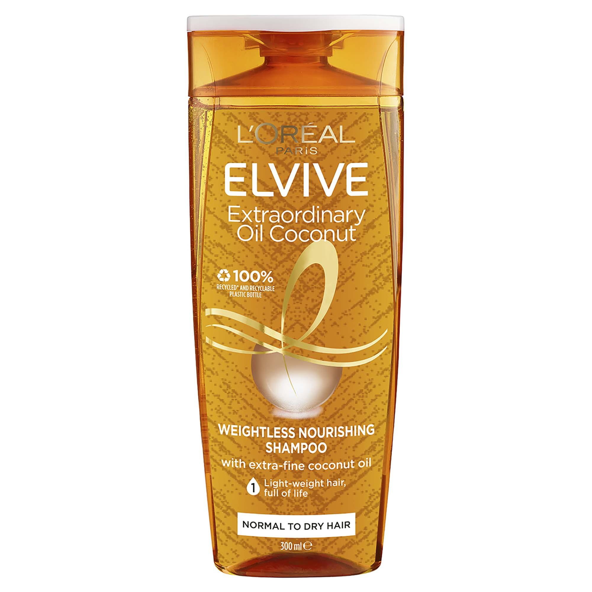 Coconut oil shampoo bottle with ELVIVE branding and 300 ml