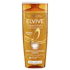 Coconut oil shampoo bottle with ELVIVE branding and 300 ml