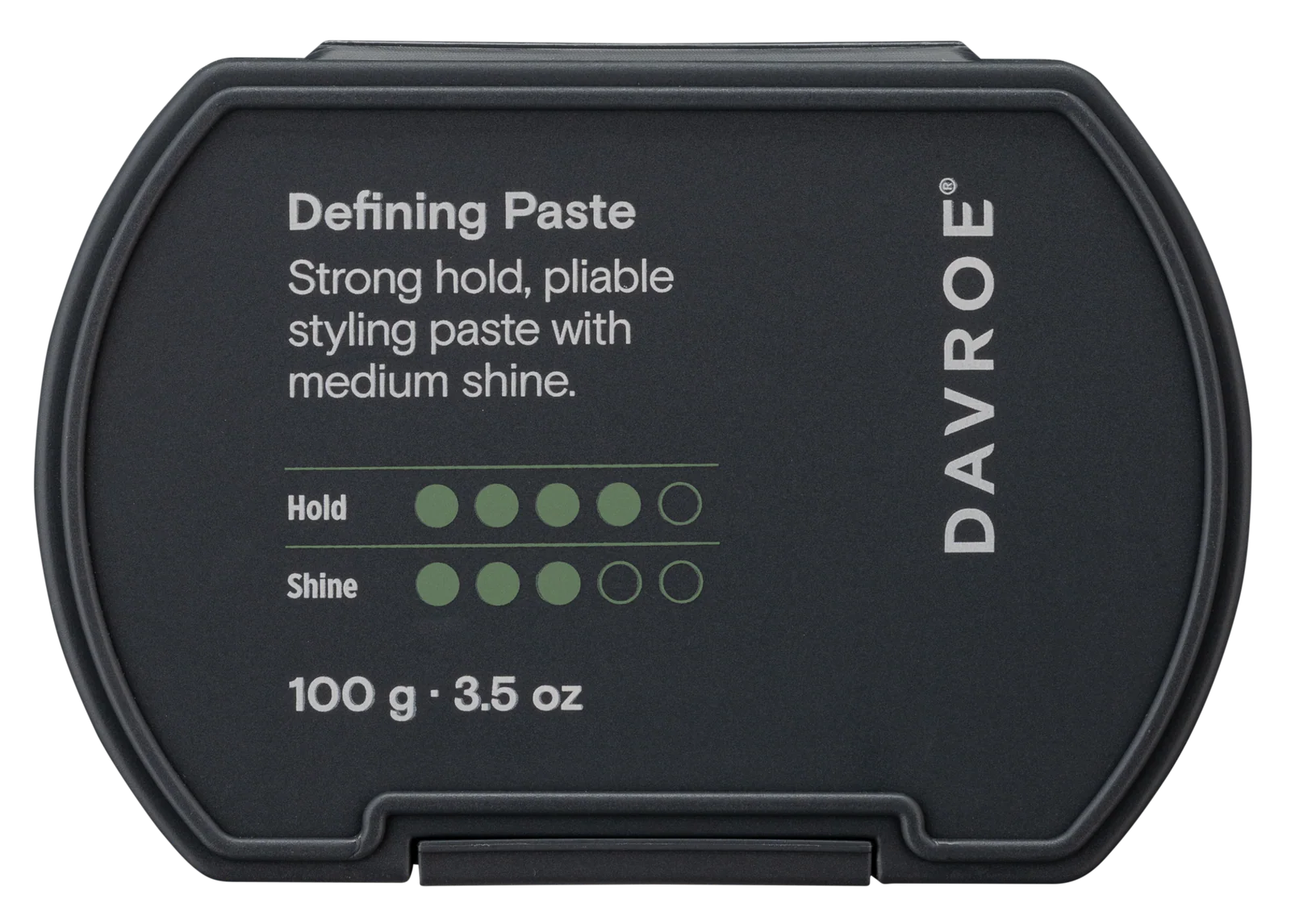 Davroe defining styling paste jar, dark label with hold and shine icons, 100 g