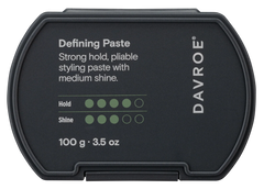 Davroe defining styling paste jar, dark label with hold and shine icons, 100 g