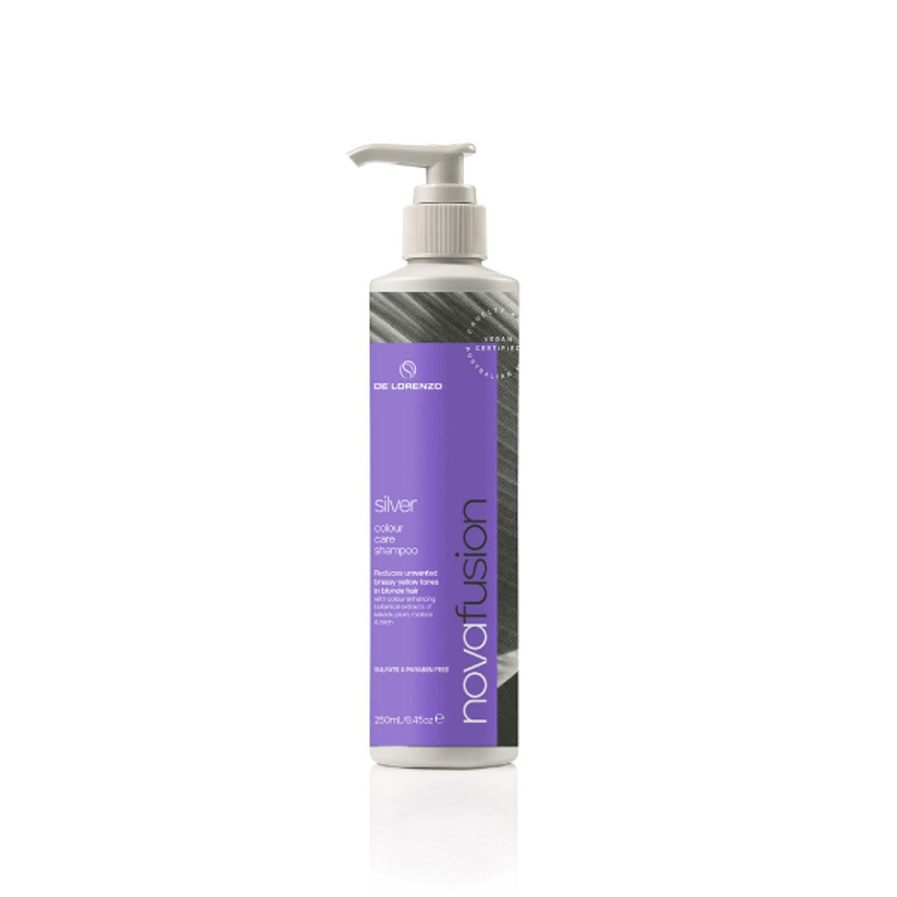 Silver shampoo bottle with pump, purple label, 250 ml.