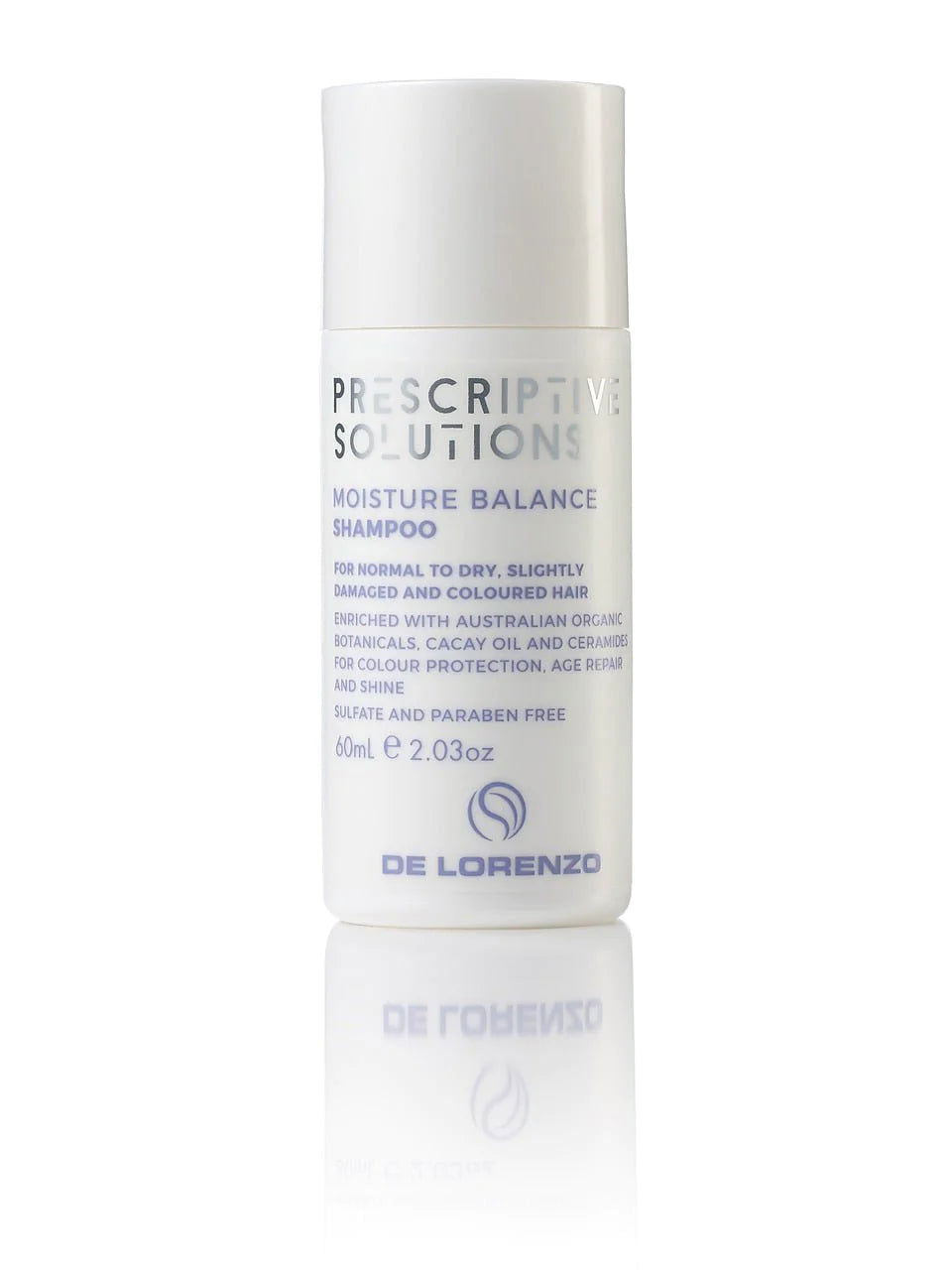DE LORENZO moisture balance shampoo bottle, 60 ml, white bottle with label