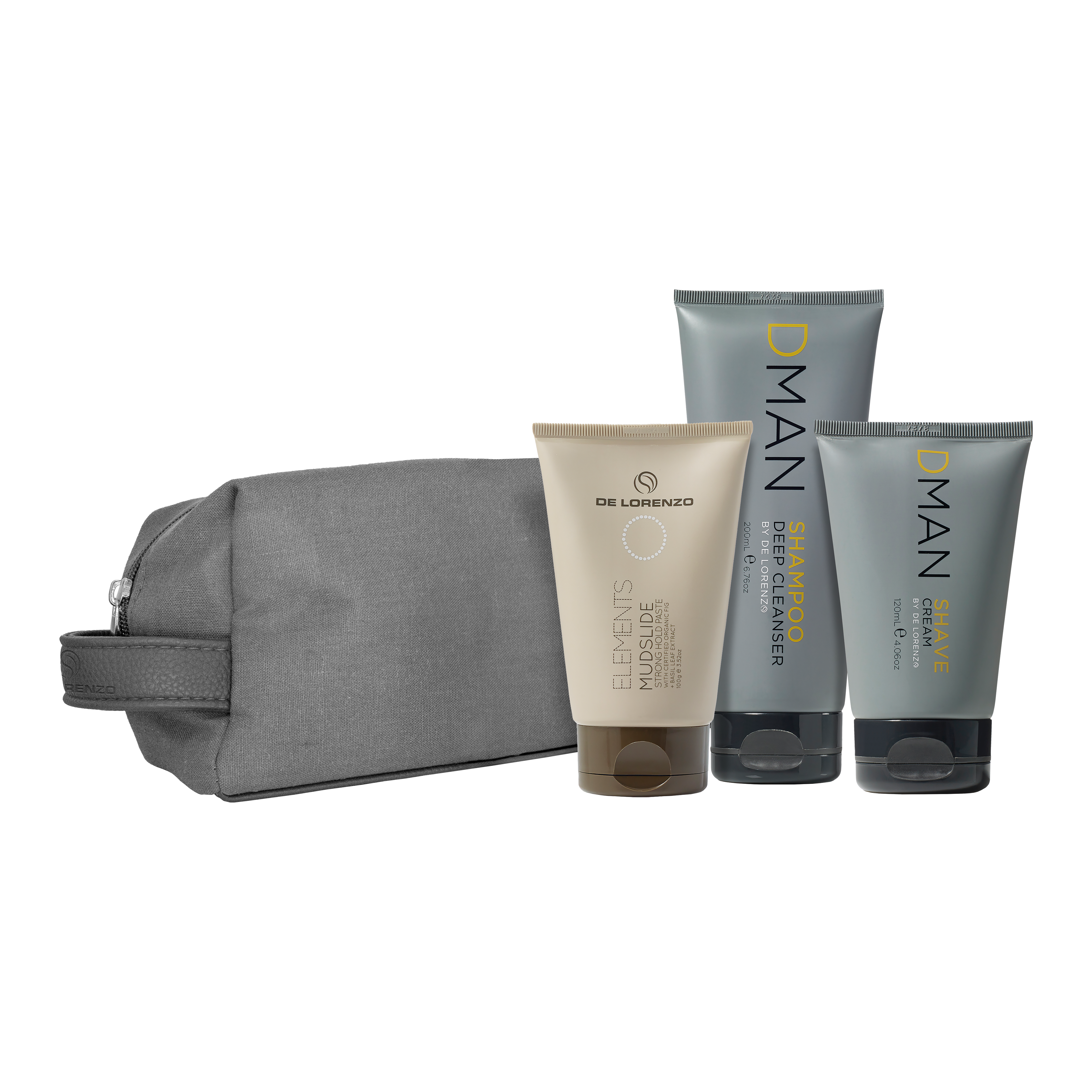 Grooming gift set with gray zip pouch and three labeled tubes of skincare