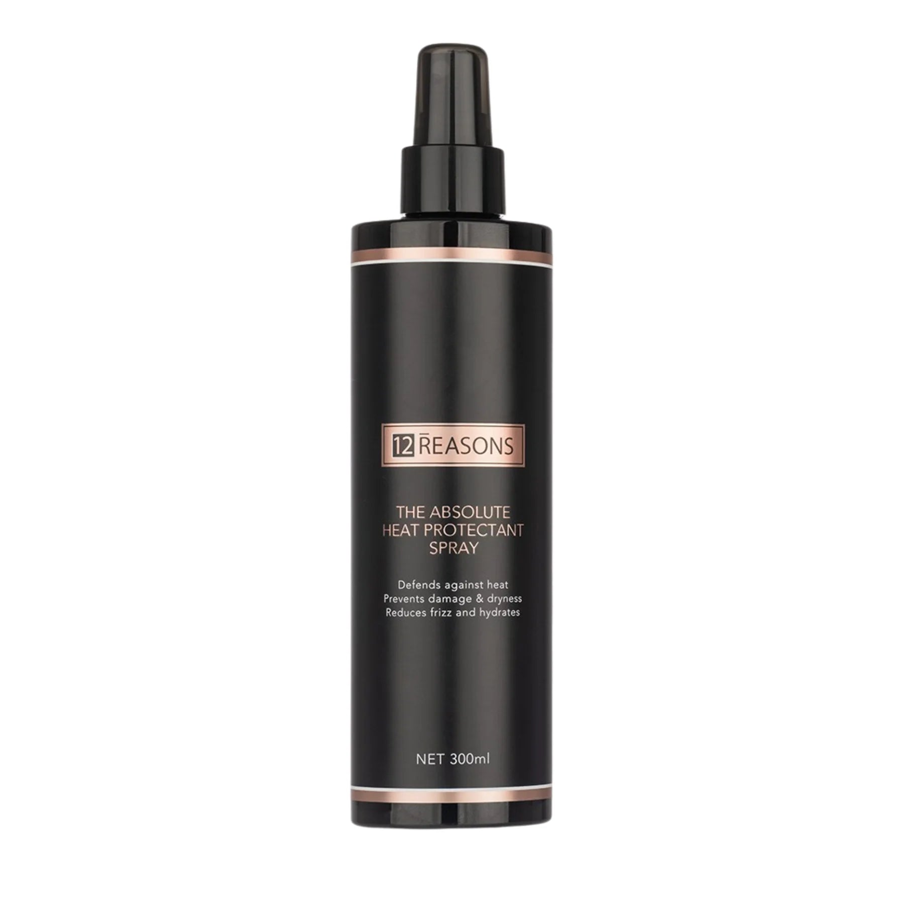 Heat protectant spray bottle in black with pump, gold label, 300 ml.
