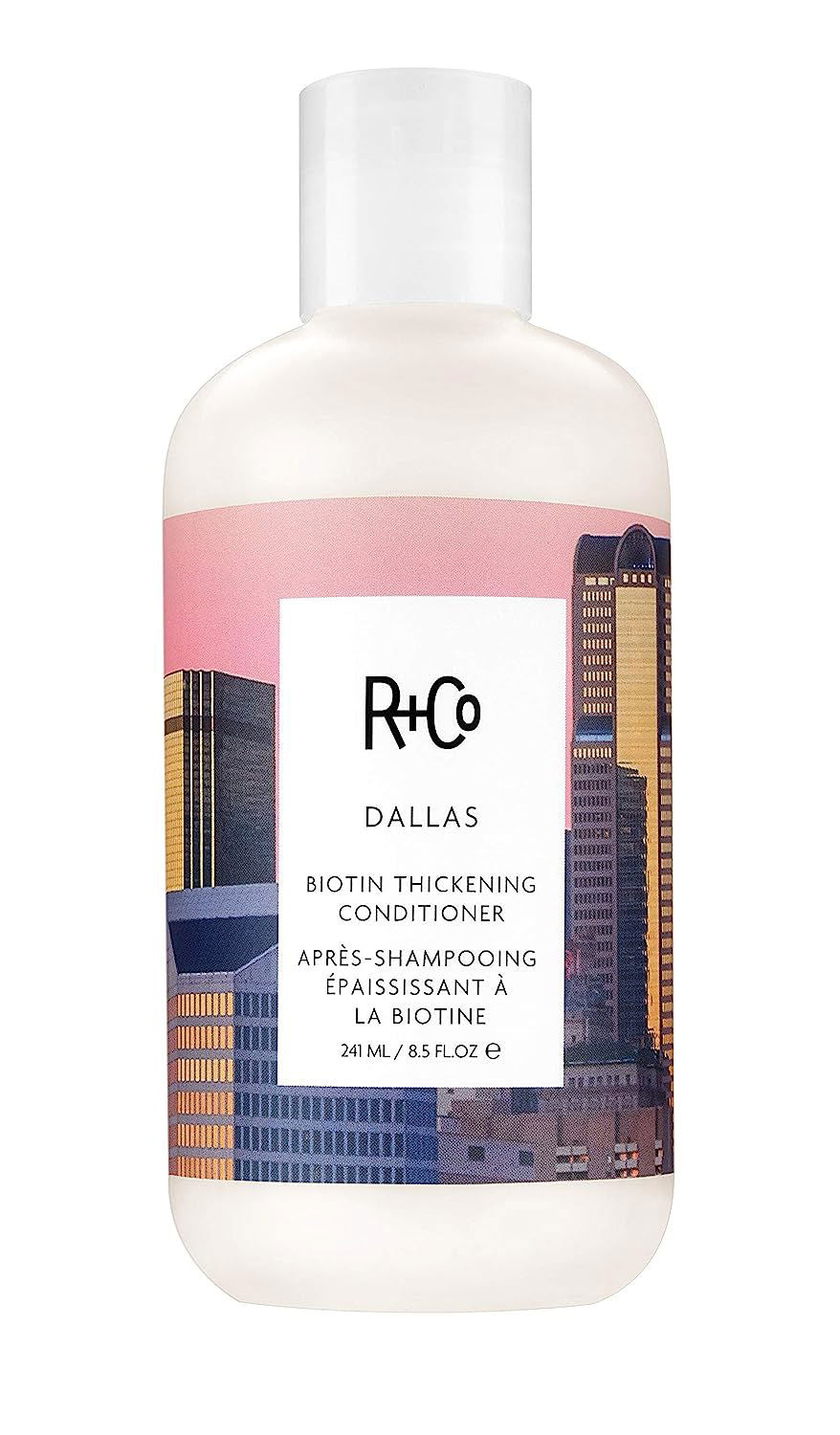 R+Co Dallas biotin thickening conditioner bottle, 241 ml, pink label