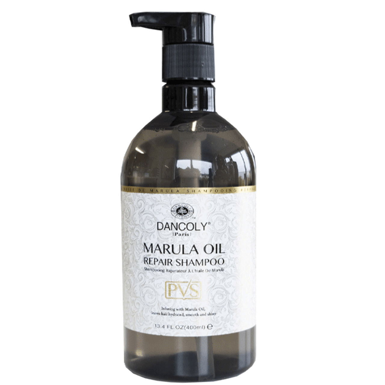 Dancoly Marula Oil Repair Shampoo pump bottle, 400 ml, clear dark bottle with label