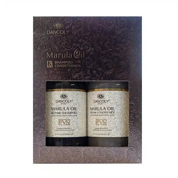 Marula oil travel duo set with two beige bottles: repair shampoo and conditioner
