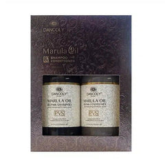 Marula oil travel duo set with two beige bottles: repair shampoo and conditioner