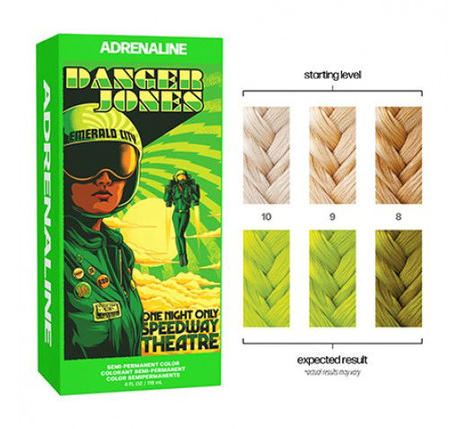 Neon green semi-permanent hair colour box labeled ADRENALINE by Danger Jones