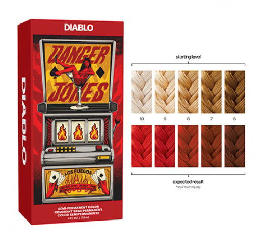Semi-permanent hair color box, Diablo red 118 ml, with flame graphics and shade swatches