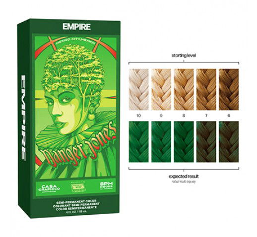 Semi-permanent hair colour box with EMPIRE label and green shade swatches
