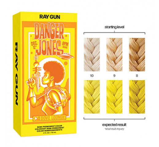 Semi-permanent hair colour box in neon yellow with color level swatches