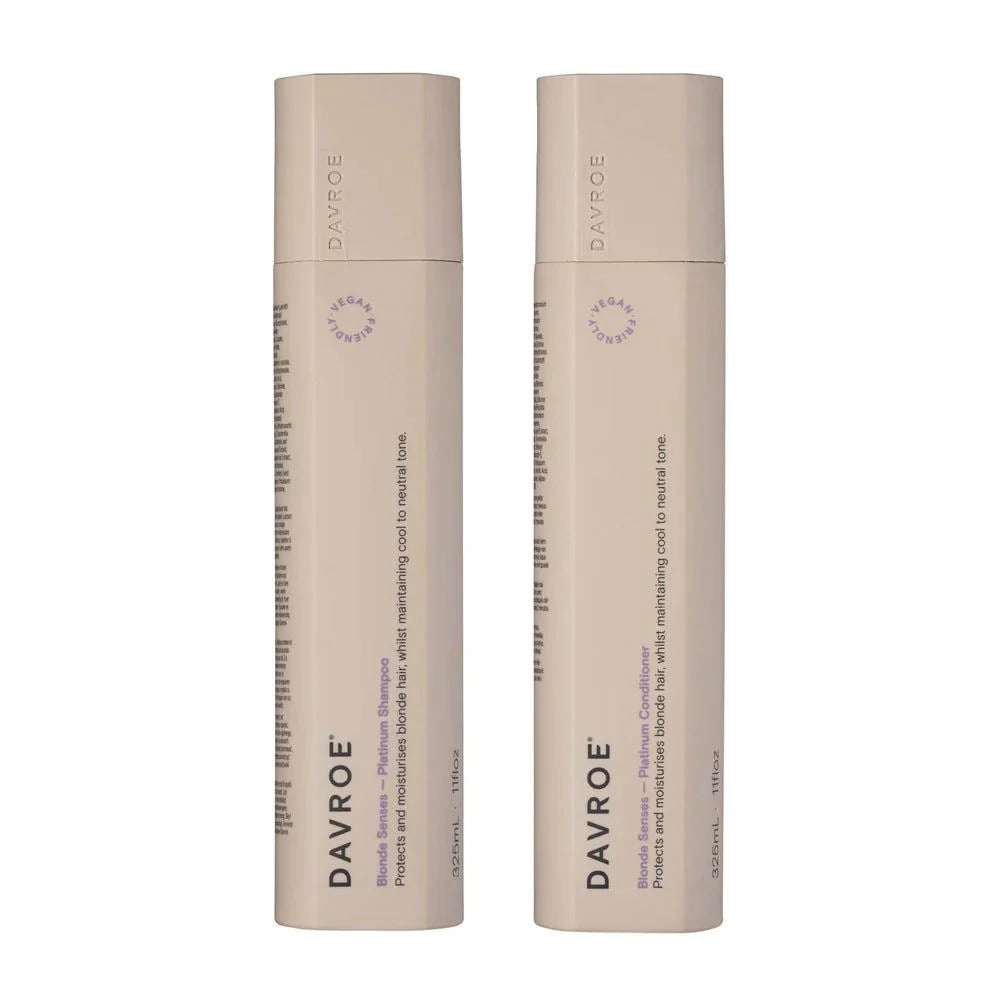 Davroe Blonde Senses Platinum shampoo and conditioner bottles, two tall beige cans