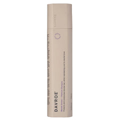 Davroe platinum shampoo bottle, beige cylinder with vertical back label text
