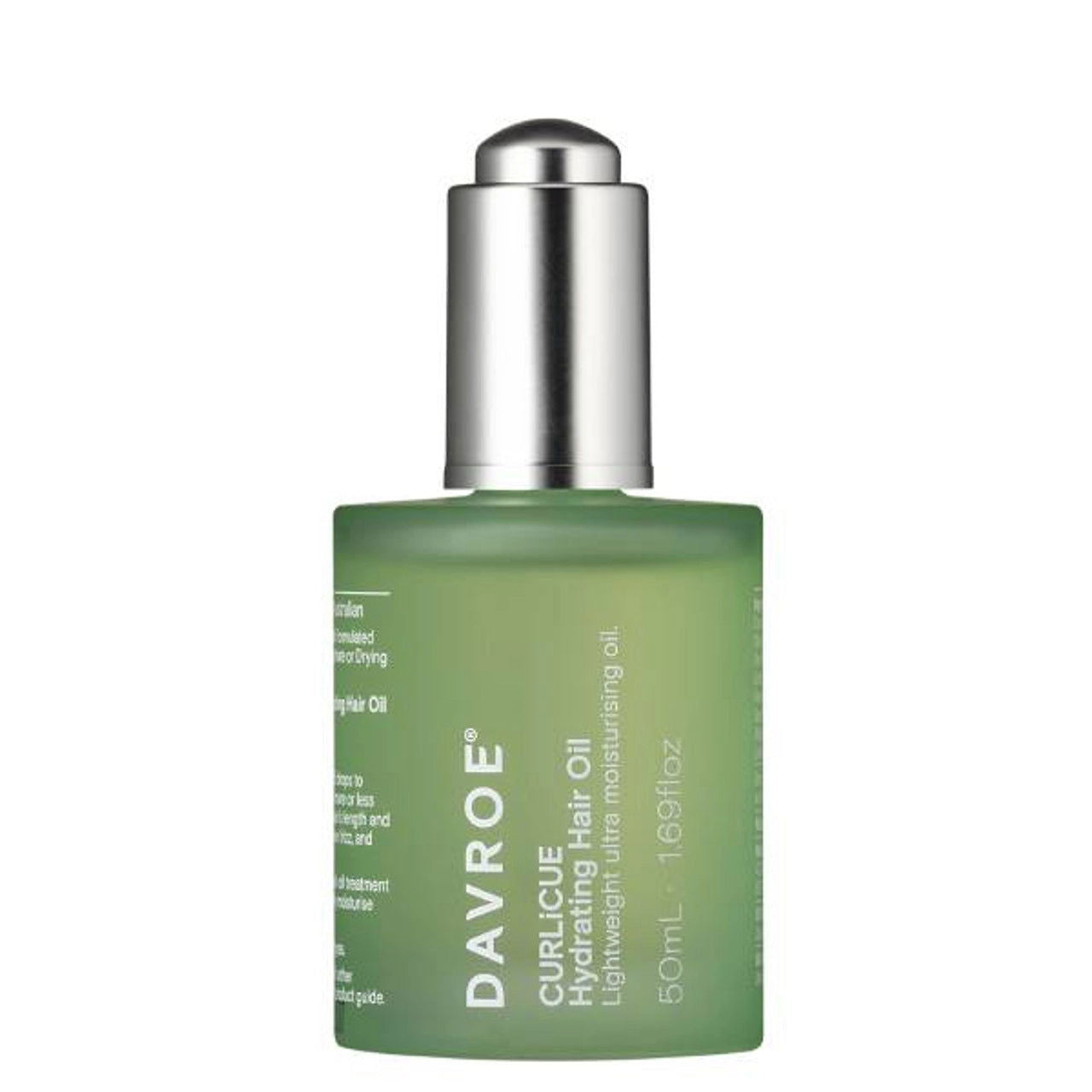 Davroe CURLiCUE hydrating hair oil bottle, green glass with silver pump cap