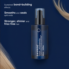 Davroe bond-building elixir bottle beside blonde hair strands, dark blue bottle