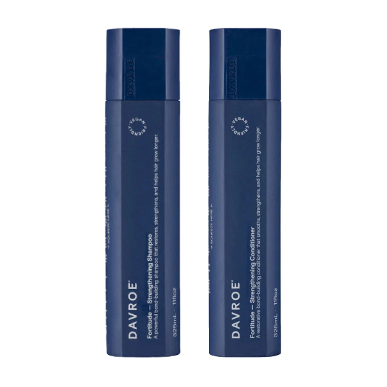 Davroe Fortitude strengthening shampoo & conditioner bundle, two navy bottles side-by-side