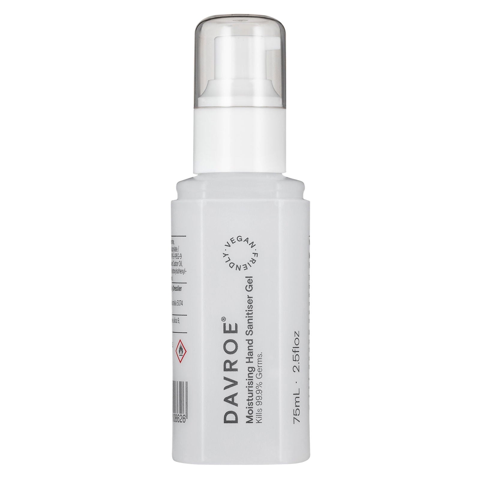 Davroe moisturizing hand sanitiser 75ml bottle with white pump and clear cap