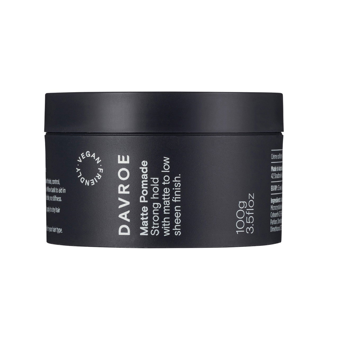 Davroe matte pomade jar, black cylindrical container with flip-top lid