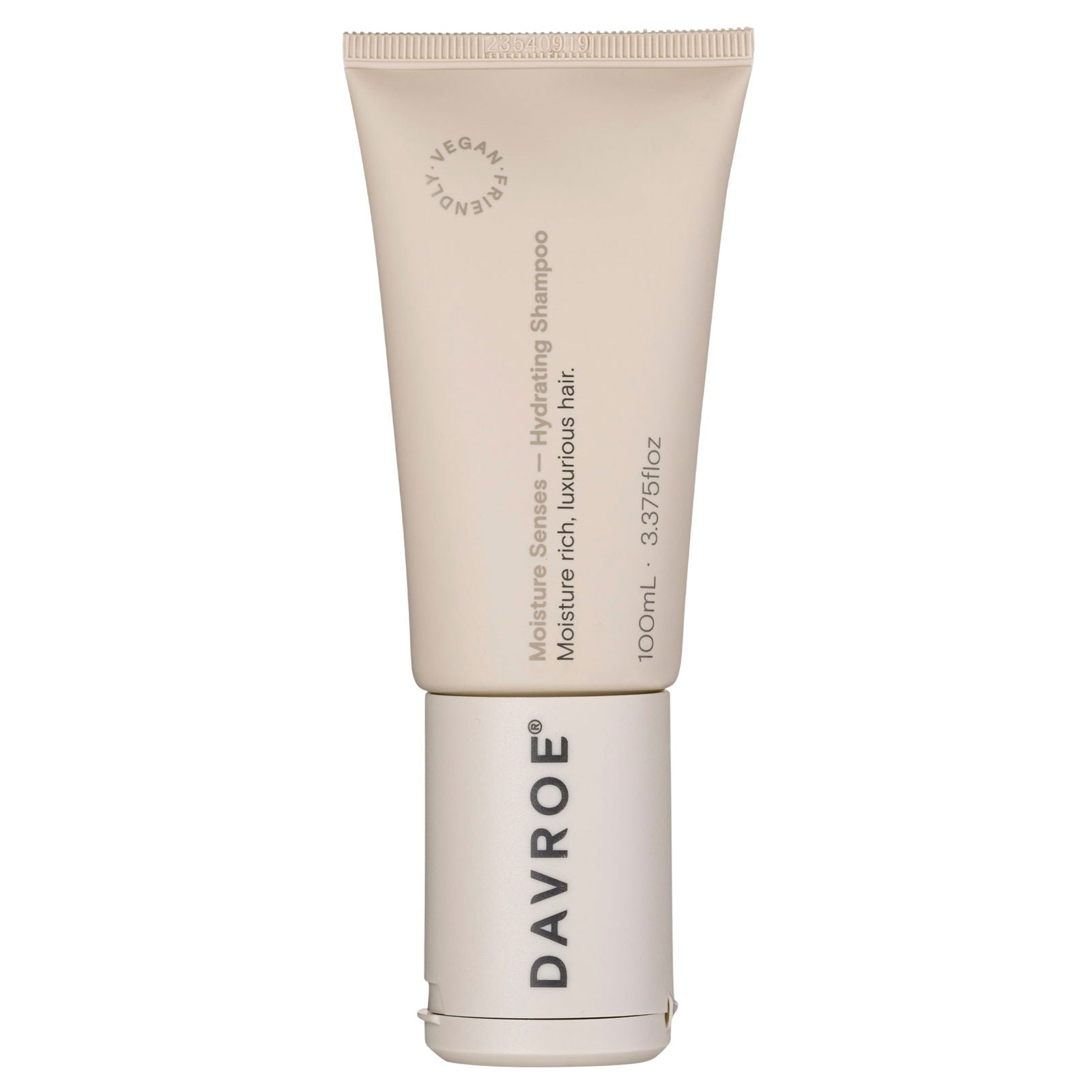Hydrating shampoo tube, beige cream squeeze bottle with Davroe label