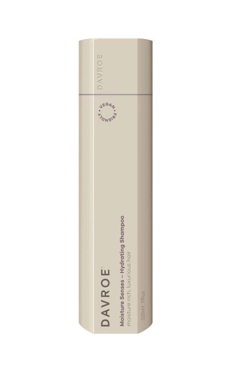 Davroe hydrating shampoo bottle, beige with vertical label and cap, 325 ml