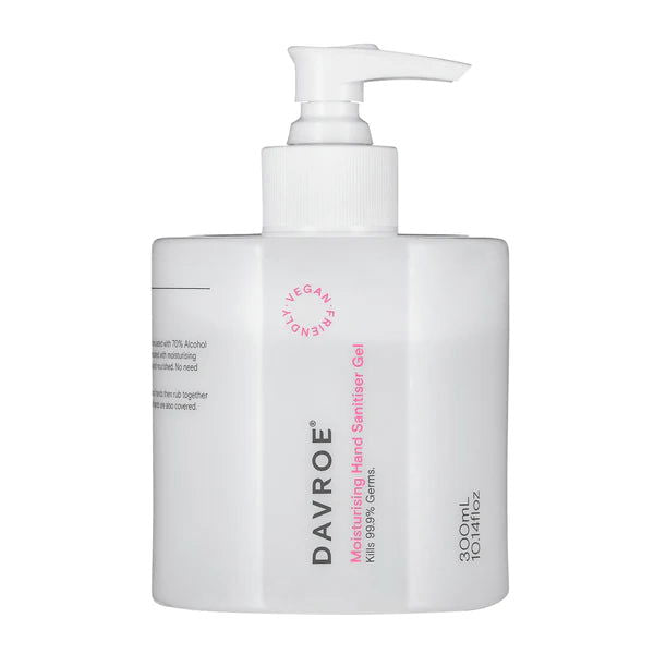 Davroe moisturising hand sanitiser gel bottle, white pump dispenser, 300ml