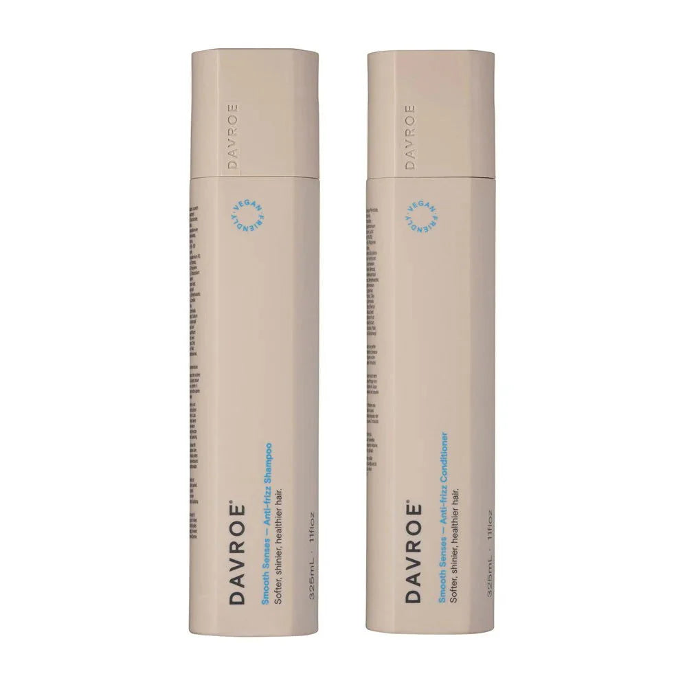Davroe anti-frizz shampoo and conditioner bundle, two beige bottles with blue label