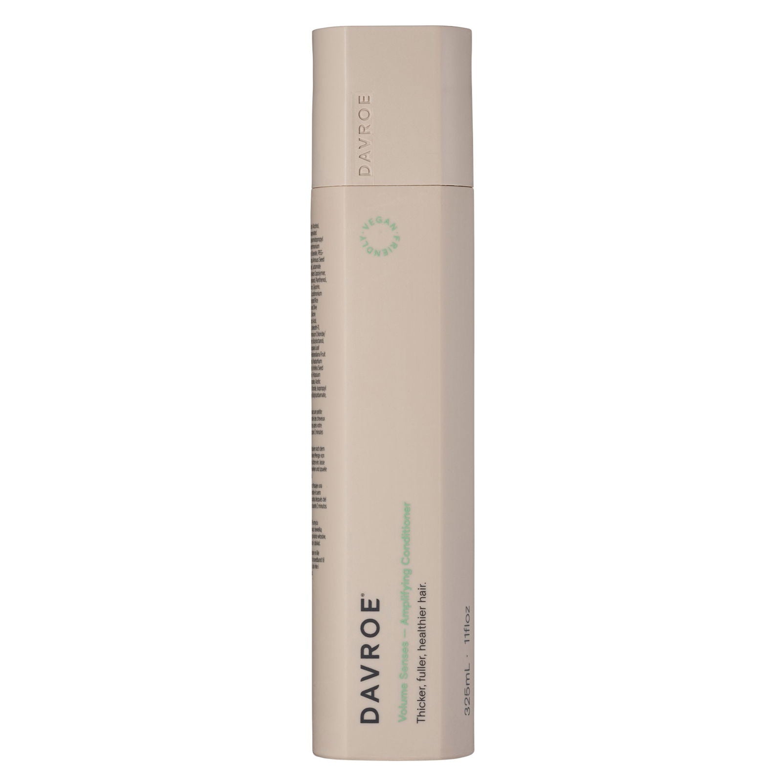 Davroe volume conditioner bottle, tall beige cylindrical container with green logo, 325ml