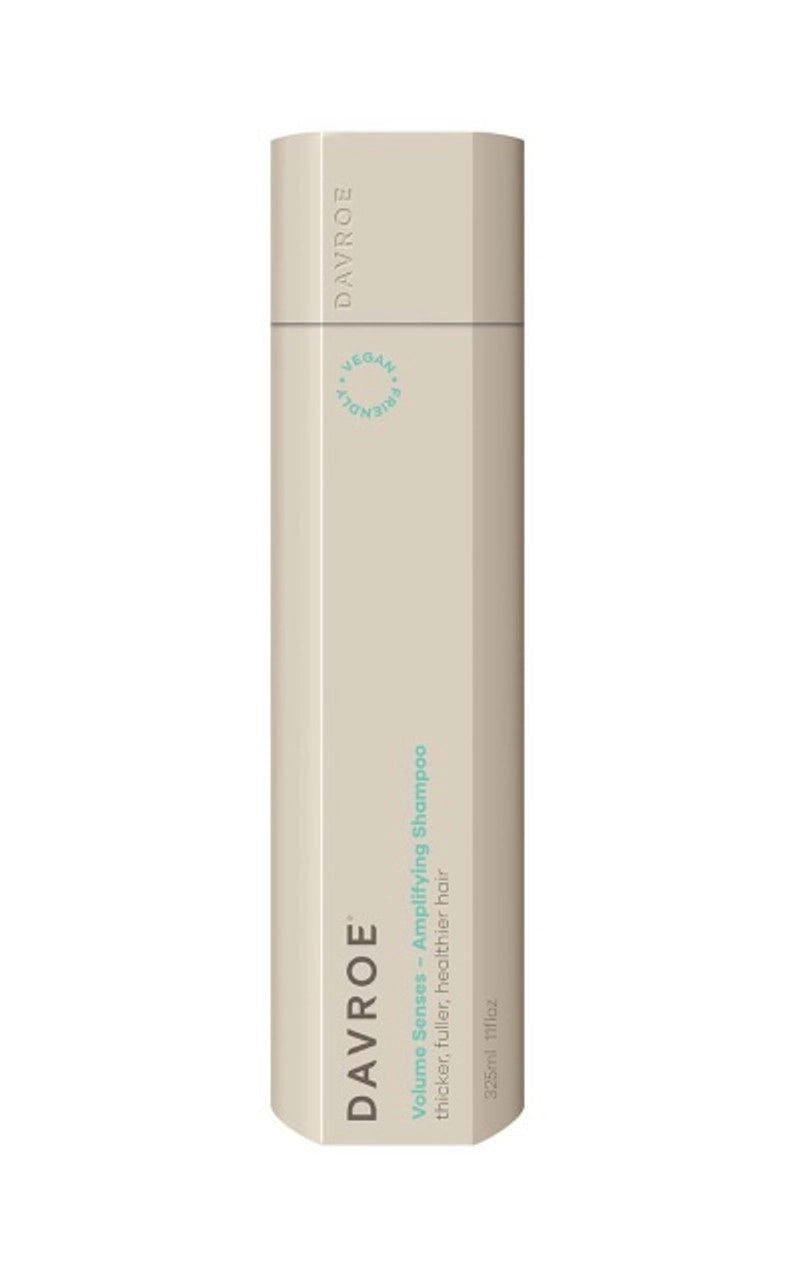 Davroe Volume Senses amplifying shampoo bottle, tall beige plastic, 325 ml