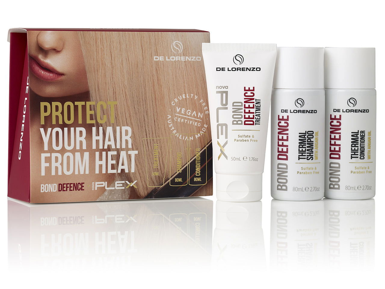 Hair bond defense mini pack with four white bottles and small product box