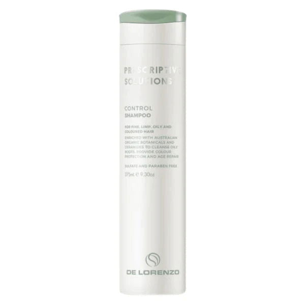 De Lorenzo control shampoo bottle, white with green cap, 275 ml