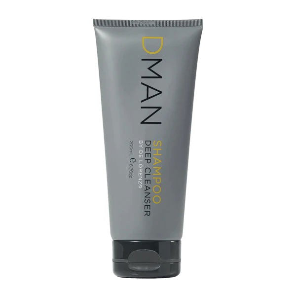 De Lorenzo DMAN deep-cleanser shampoo tube, silver with black nozzle cap