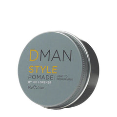 De Lorenzo DMAN Style pomade tin, gray metal lid with gold and black text