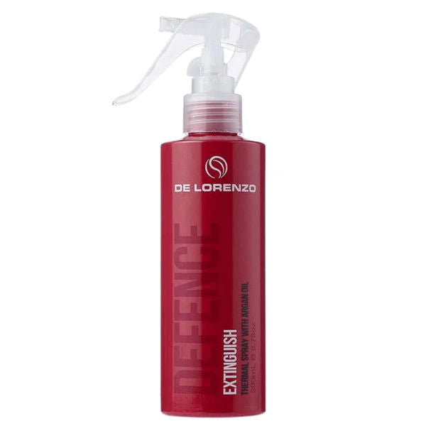 De Lorenzo hair extinguish spray bottle, red, with trigger sprayer and vertical label
