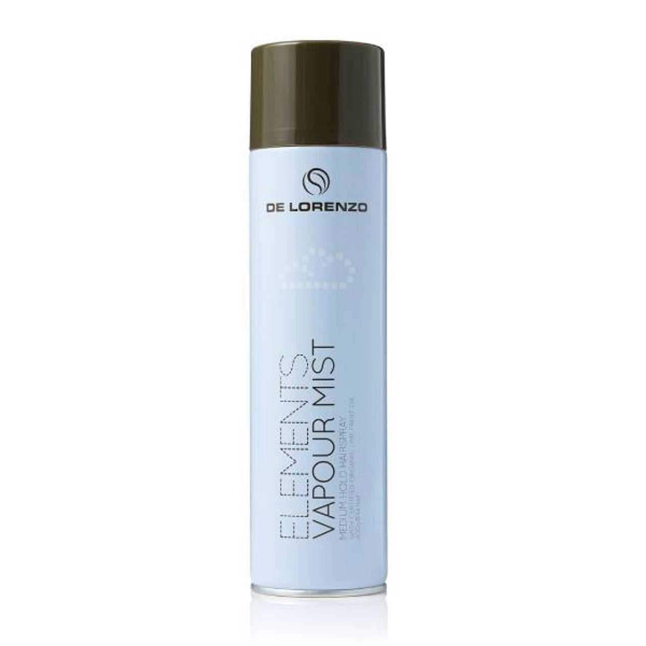 Vapour mist spray bottle with metallic cap and light blue De Lorenzo label