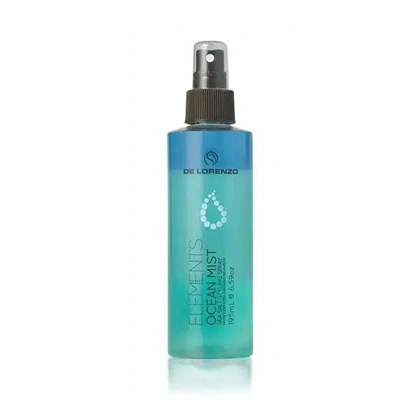 De Lorenzo Elements Ocean Mist spray bottle, teal blue liquid with silver pump cap.