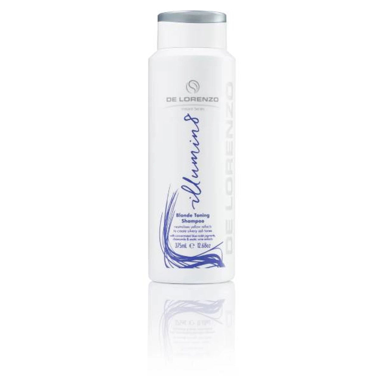 Shampoo bottle, white with blue De Lorenzo Instant Illumin8 branding, 375 ml